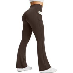 Women's Brown Polyester Blend Flared High Waisted Bell Bottom Yoga Dress Pants
